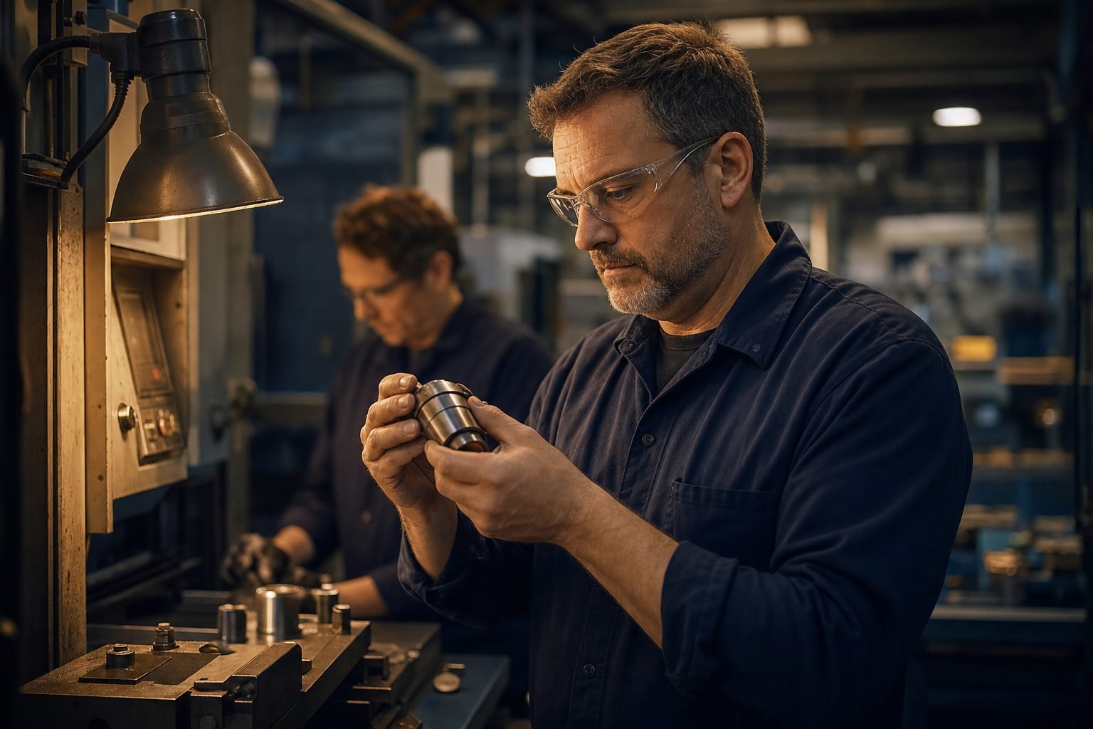 A machine operator in safety glasses inspecting a metal component on a manufacturing floor