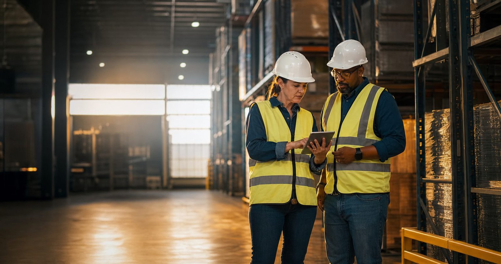 Two warehouse associates in safety vests reviewing a tablet on a distribution floor