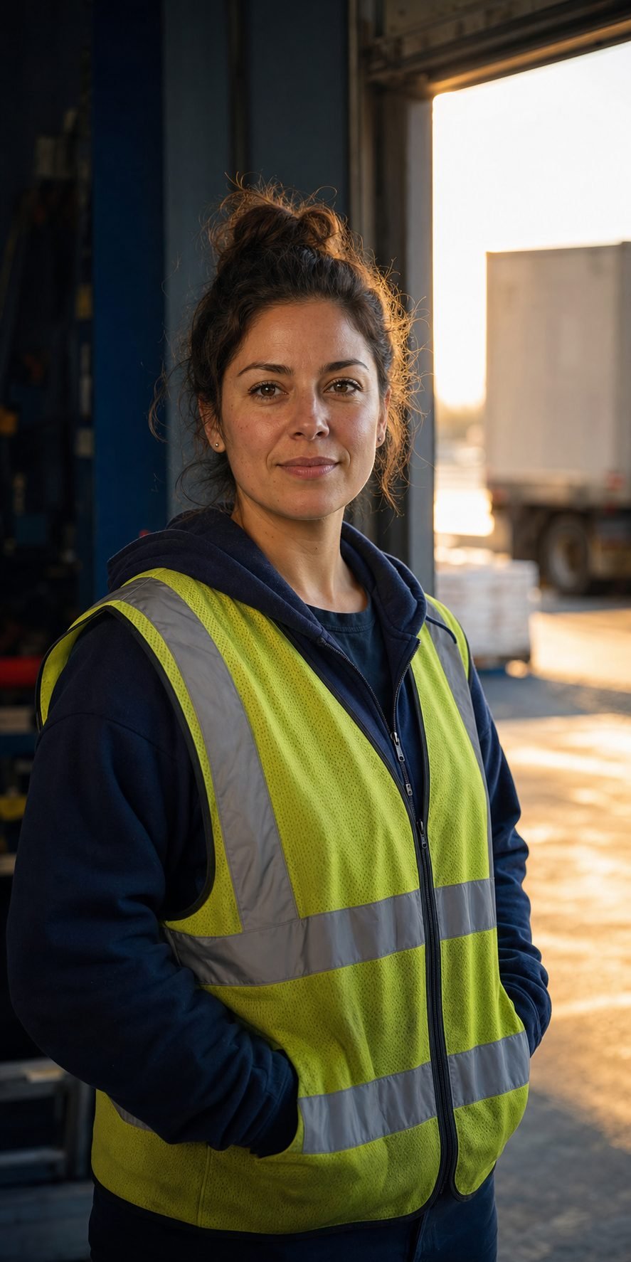 A warehouse associate standing in a loading dock doorway in golden afternoon light