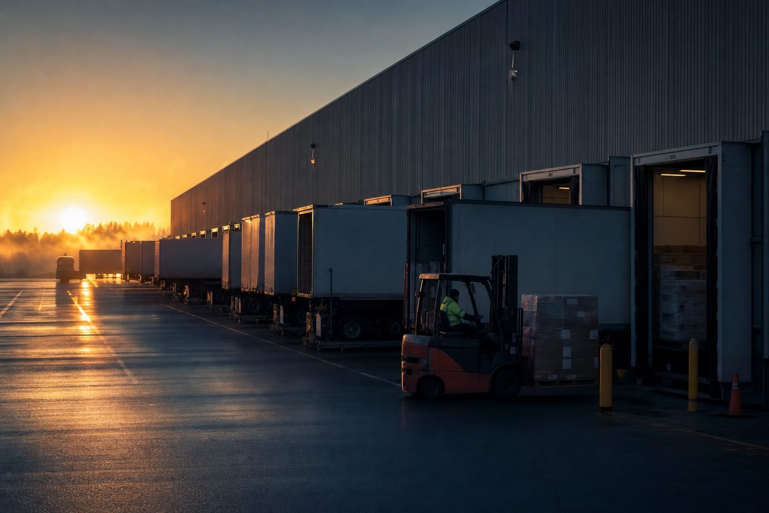 Trailers backed into a distribution center's loading dock at sunrise while a forklift moves a pallet