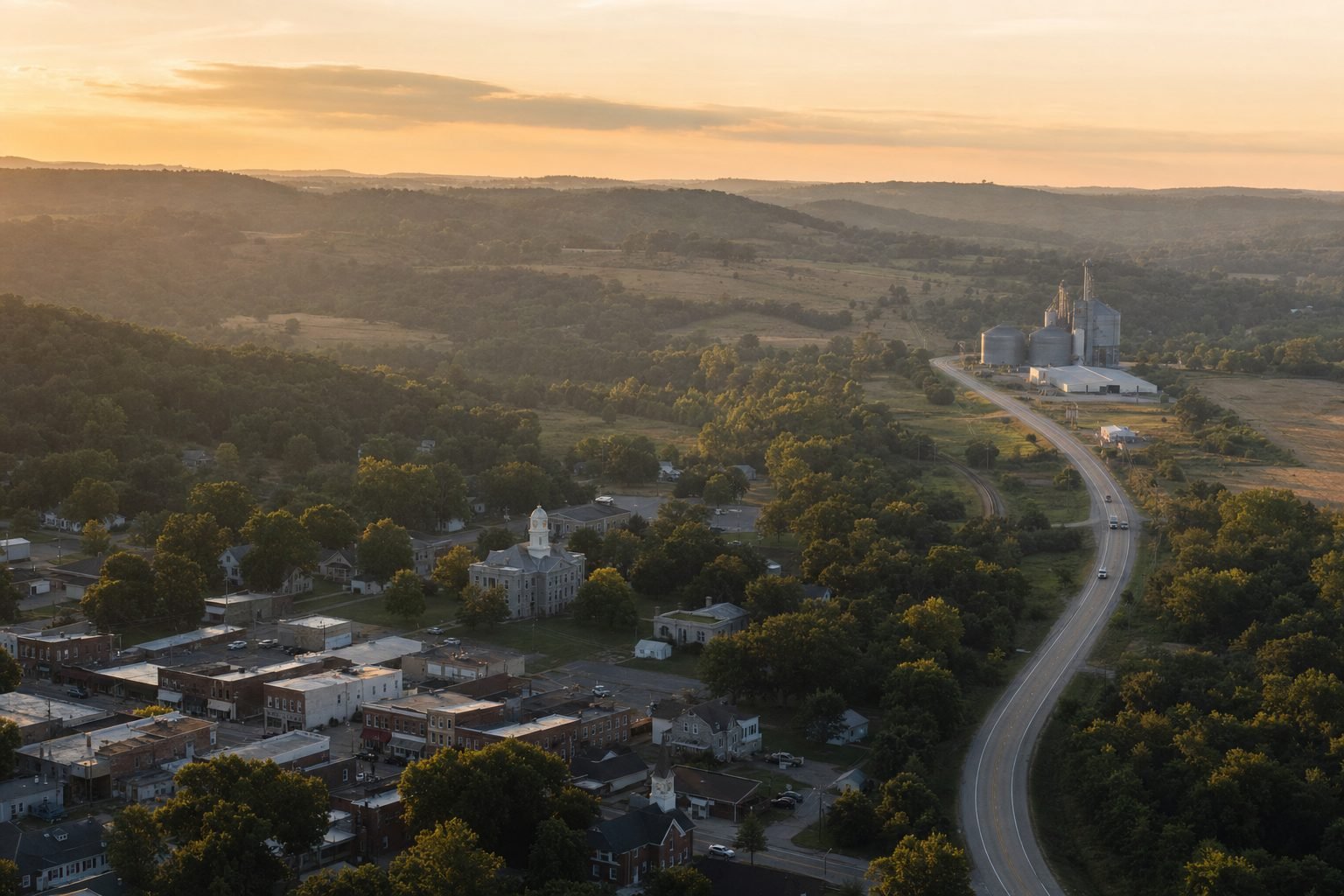 Aerial view of a small Missouri town among rolling Ozark foothills at golden hour