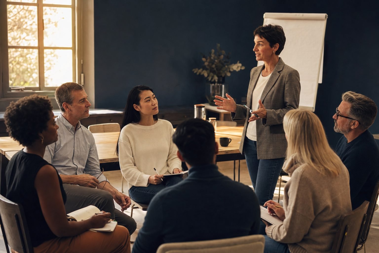 A facilitator leading a small workplace soft-skills training session